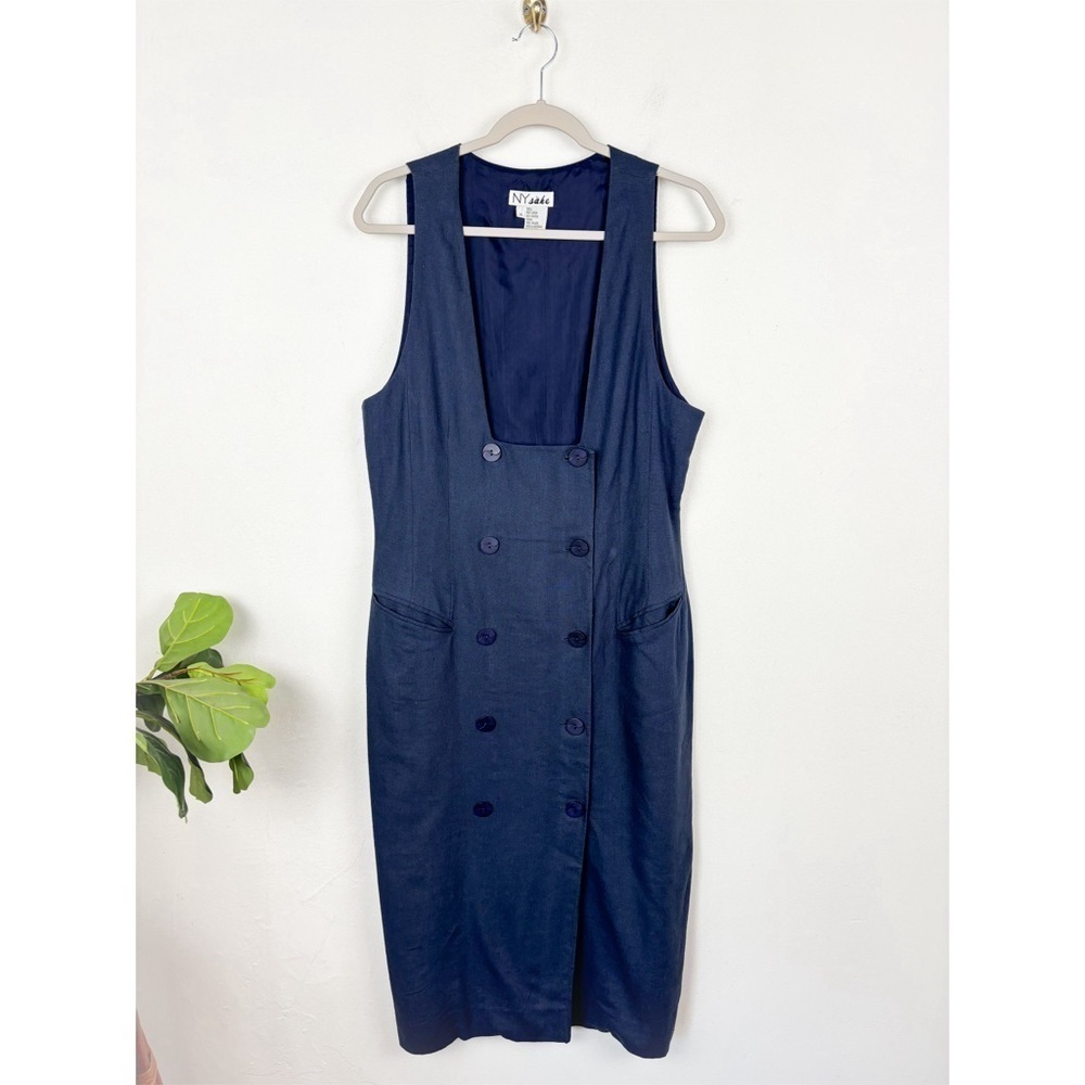 Vintage 90s Linen Blend Square Neck Vest Midi Dress Sz 12